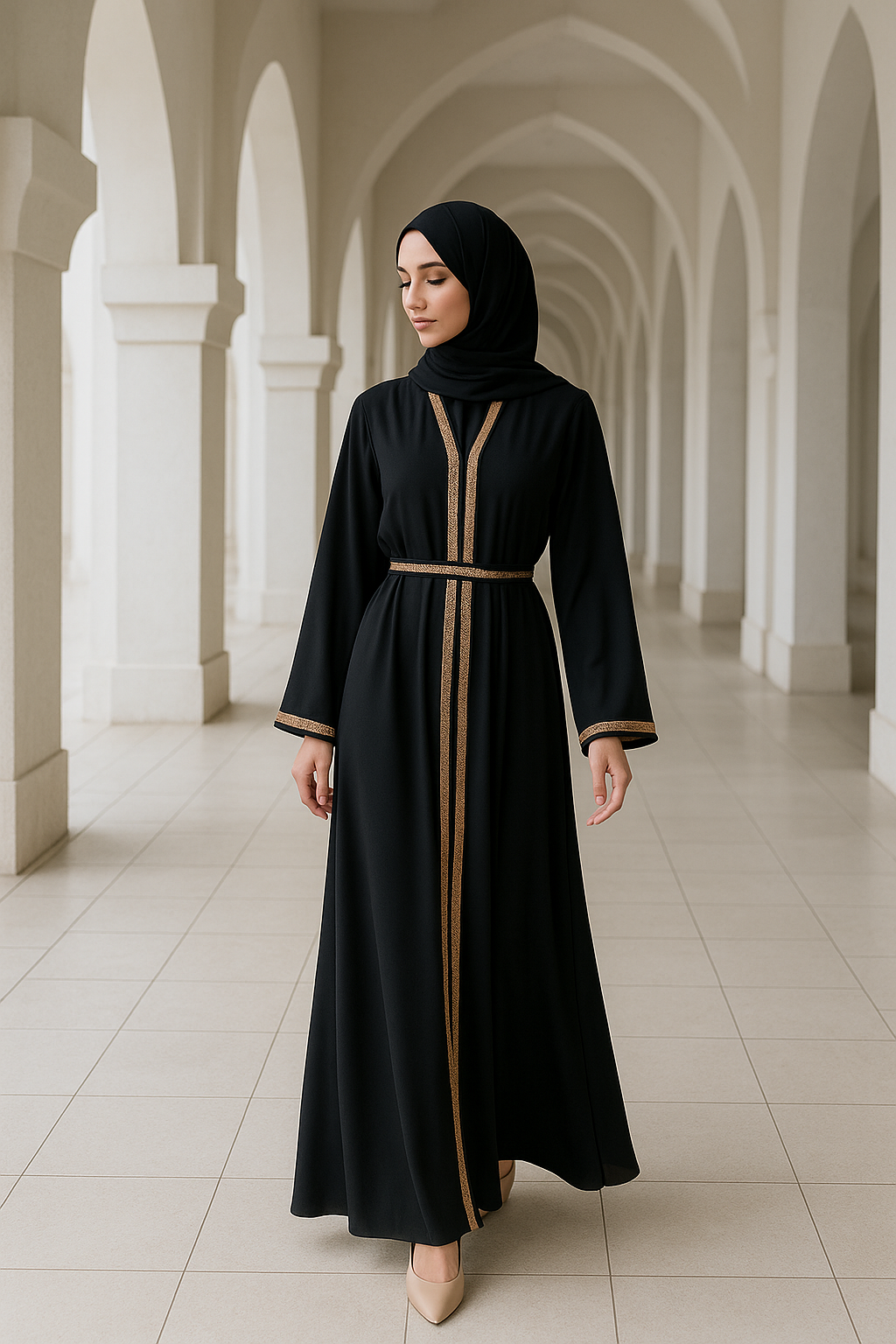 Abaya noir ornée de sequins dorées - qualité PREMIUM