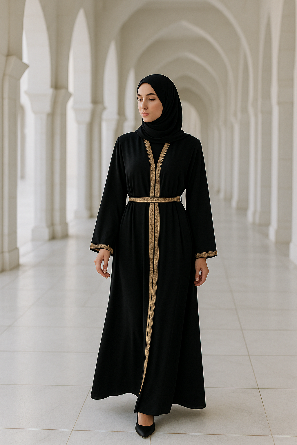 Abaya noir ornée de sequins dorées - qualité PREMIUM