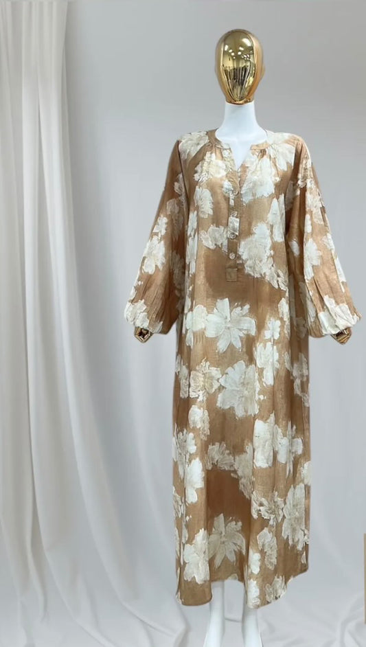 ROBE FLEURIE À BOUTONS DORÉES marron