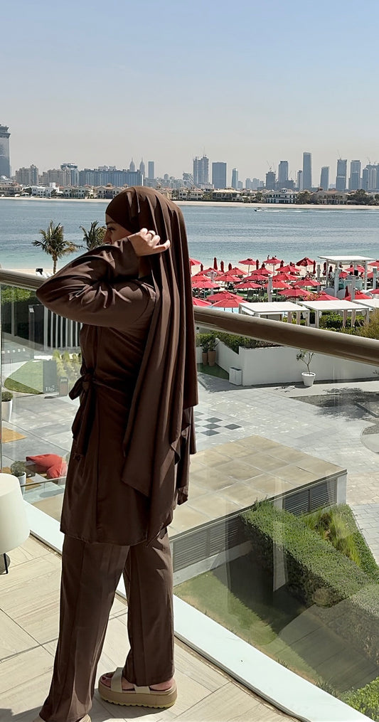 BURKINI FLUIDE AVEC HIJAB DE BAIN marron - QUALITÉ PREMIUM