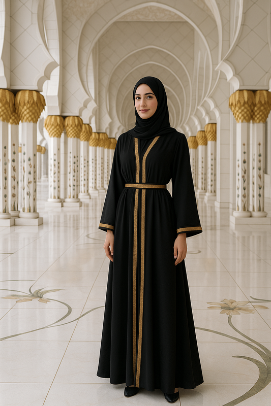 Abaya noir ornée de sequins dorées - qualité PREMIUM