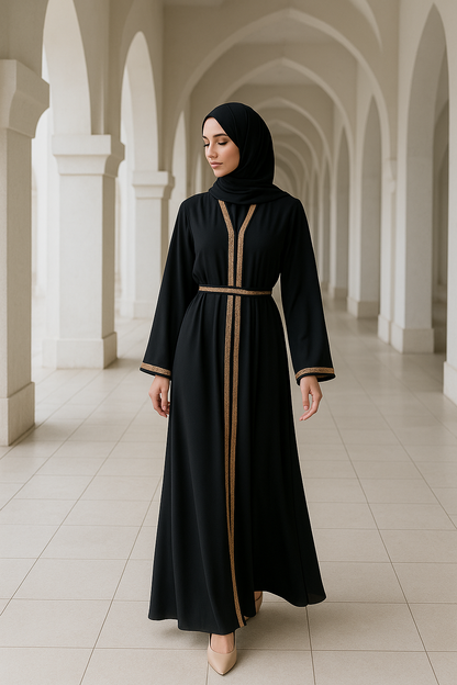 Abaya noir ornée de sequins dorées - qualité PREMIUM