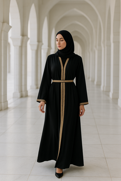 Abaya noir ornée de sequins dorées - qualité PREMIUM