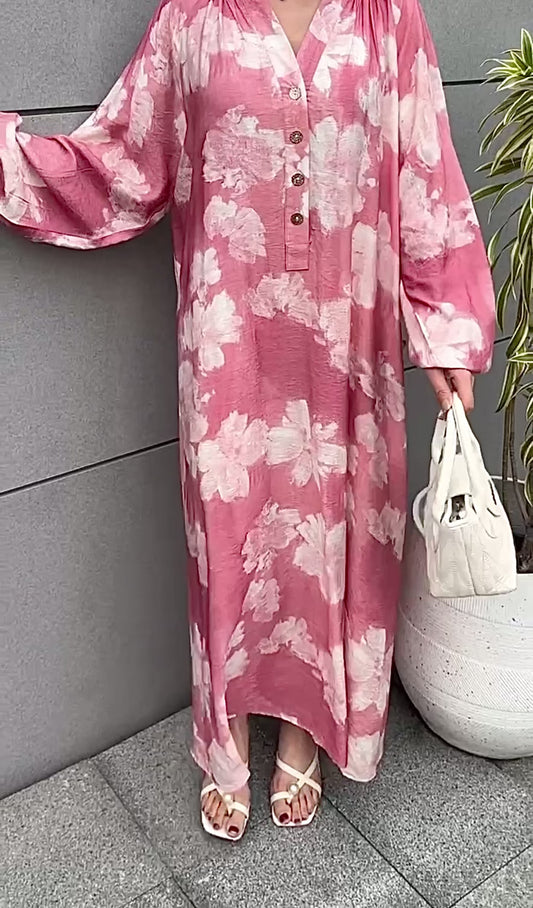 ROBE FLEURIE À BOUTONS DORÉES rose